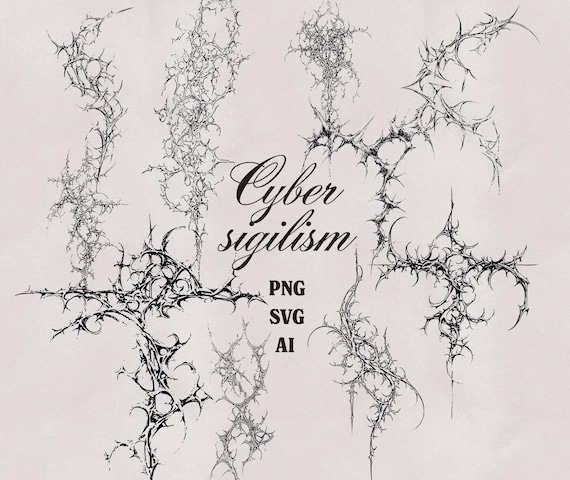 Cyber Sigilism PNG SVG AI Bundle, Abstract Thorn Sigils, Dark Gothic Symbols, Occult Line Art, Experimental Tattoo Design Clipart Set Pack