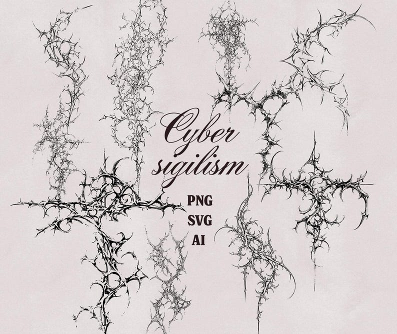 May include: Digital art featuring several black, spiky, and interconnected abstract designs against a light background. The text "Cyber sigilism" is displayed in elegant script, with "PNG, SVG, AI" below. The overall aesthetic is dark and intricate.