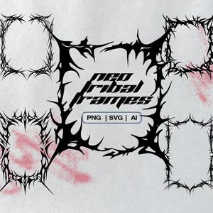 May include: Black neo-tribal frames in various shapes, including square, rectangular, and oval, with sharp, spiky edges. The text "neo tribal frames" is displayed in a stylized font, with file type indicators: PNG, SVG, and AI. Pink splatters are in the background.