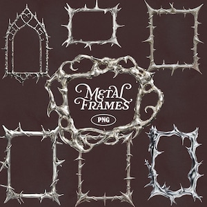 May include: A collection of silver metal frames with a gothic and thorny design. The frames vary in shape, including rectangular, arched, and oval. The text "METAL FRAMES PNG" is displayed in the center of the image.