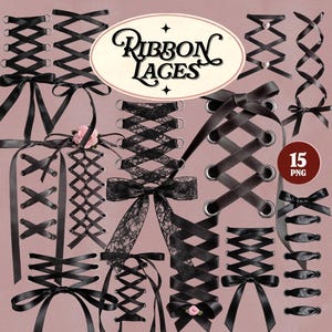May include: A collection of black ribbon laces in various designs, including crisscross, spiral, and bow styles. Some laces feature lace detailing and decorative elements like small pink flowers. The image includes the text "Ribbon Laces" and "15 PNG".