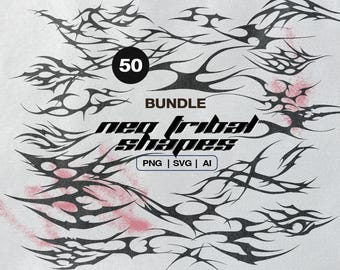 Neo Tribal Tattoo Shapes Bundle PNG SVG AI, 50 Vector Punk Clipart Designs for Grunge, Techwear, Y2K, Cyberpunk & Edgy Alt Merch Projects