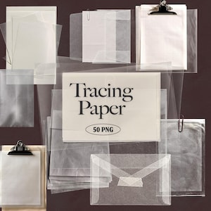 May include: A collection of translucent tracing paper sheets and envelopes in various rectangular shapes, some secured with black metal clips or silver paper clips. A central white rectangular label displays the text Tracing Paper 50 PNG.
