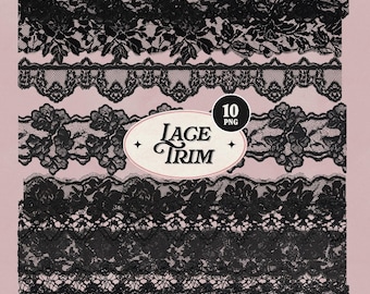 May include: A collection of ten black lace trim designs in PNG format. The lace patterns vary, including floral and geometric styles, displayed against a soft pink background. The words "Lace Trim" are in a decorative oval.