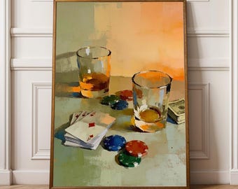 Poker Night Poster With Cards – Vintage Minimalist Whiskey Drinks Poster