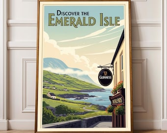 Vintage Ireland Travel Poster - Irish Guinness Pub & Emerald Isle Art