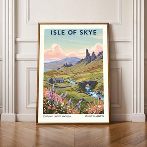 May include: Framed art print of the Isle of Skye, Scotland. The landscape features a river, bridge, mountains, and wildflowers. The print has a vintage travel poster style with the text "Isle of Skye" at the top and "Scotland, United Kingdom" at the bottom.