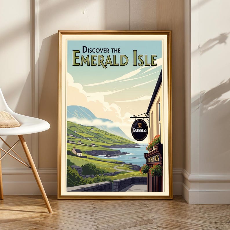 Vintage Ireland Travel Poster - Irish Guinness Pub & Emerald Isle Art image 3