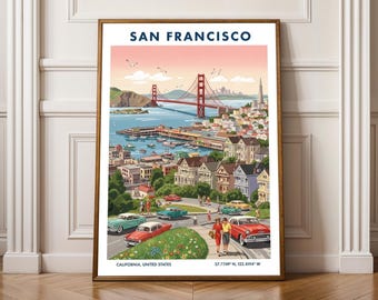 Póster de viaje a San Francisco: Arte mural vintage del puente Golden Gate y paisaje urbano de California
