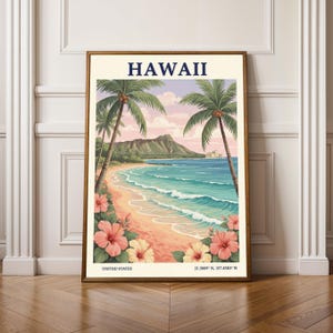 May include: A framed art print featuring a Hawaiian beach scene. The print displays a sandy beach, turquoise water, palm trees, and a mountain in the background. The word "HAWAII" is at the top, with "UNITED STATES" and coordinates at the bottom.