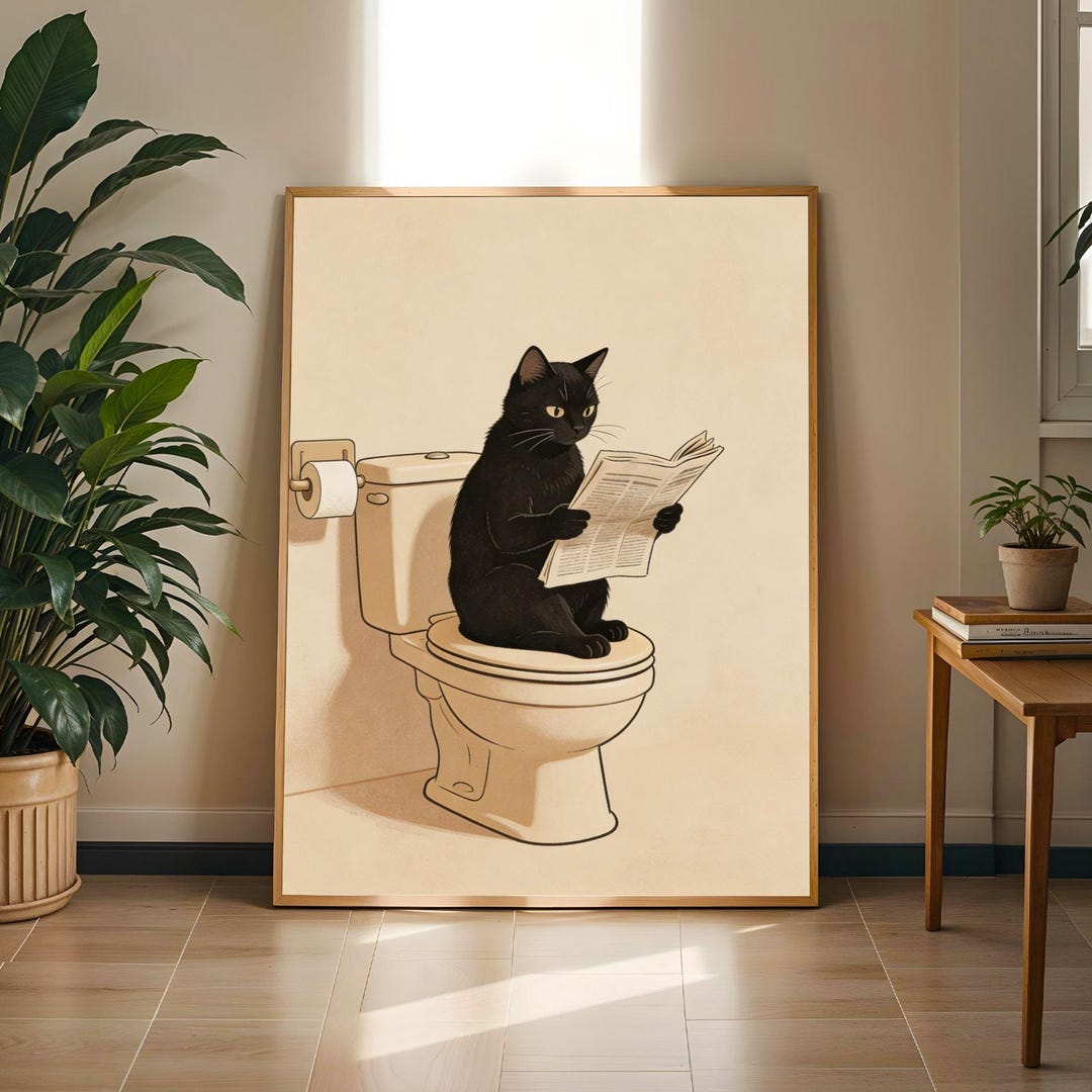 Black Cat Reading on the Toilet Poster - Minimalist Vintage Animal ...
