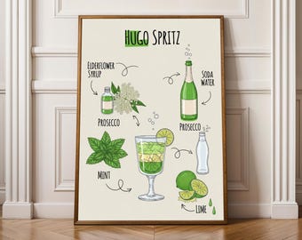 Hugo Spritz-cocktailreceptafdruk – kunst aan de muur keuken, poster zomerdrankje, decor barwagen