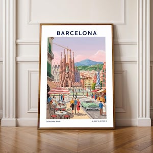 Poster de voyage à Barcelone - impression d&#39;art mural ville vintage, décoration architecture Espagne, illustration de la Sagrada Familia