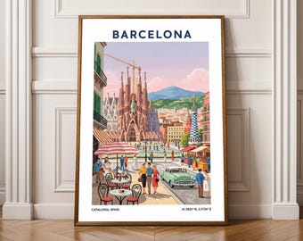 Barcelona Travel Poster – Vintage City Wall Art Print, Spain Architecture Decor, Sagrada Familia Illustration
