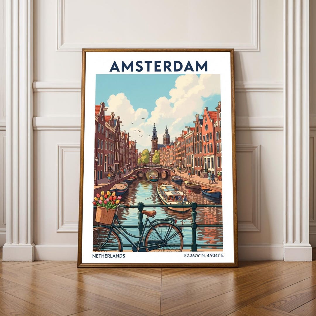 Amsterdam Travel Poster – Vintage Wall Art of Dutch Canal, Bicycle ...
