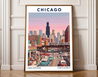 Chicago reisposter – vintage muurkunst met de skyline van de stad Illinois, retro straatbeeld