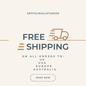 May include: Cream-colored graphic with the text "FREE SHIPPING" in dark blue, accompanied by a brown delivery truck icon. The text "ON ALL ORDERS TO: UK, USA, EUROPE, AUSTRALIA" is also present, along with a "SHOP NOW" button.