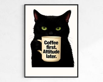 Affiche drôle de café de chat noir - art mural maussade minimaliste pour les amoureux des chats