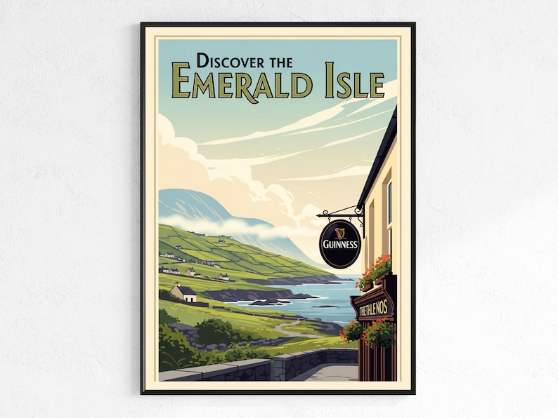 Vintage Ireland Travel Poster - Irish Guinness Pub & Emerald Isle Art image 5