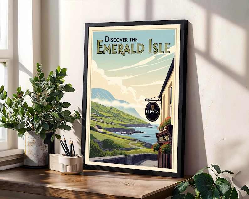 Vintage Ireland Travel Poster - Irish Guinness Pub & Emerald Isle Art image 6