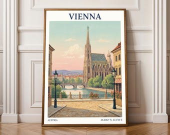 Affiche rivière cathédrale de Vienne - impression de voyage vintage - Art déco architecture européenne