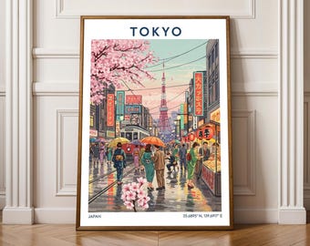 Poster di viaggio vintage di Tokyo: Street art della città dei ciliegi in fiore
