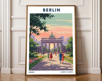 May include: A framed art print featuring a stylized illustration of the Brandenburg Gate in Berlin. The artwork depicts people walking along a path towards the gate, with a colorful sky and surrounding trees. The word "BERLIN" is at the top.