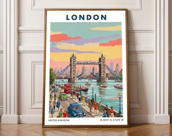 London Travel Poster – Vintage City Wall Art Print, Tower Bridge Illustration, United Kingdom Decor