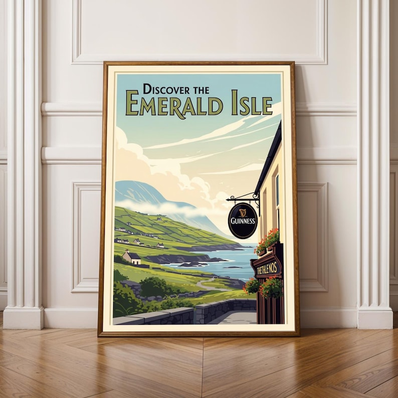 May include: A framed poster featuring the text "Discover the Emerald Isle" above a scenic Irish coastal view. The image includes a Guinness pub sign and a landscape with green hills and blue sea.