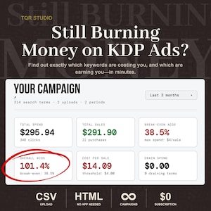 Könnte beinhalten: Screenshot eines digitalen Marketing-Dashboards mit dem Text "Still Burning Money on KDP Ads?" und Kampagnendaten. Zu den wichtigsten Kennzahlen gehören Gesamtausgaben, Umsatz und ACOS, wobei ein roter Kreis den Gesamt-ACOS von 101,4 % hervorhebt.