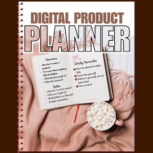 Może przedstawiać: Planer produktów cyfrowych w oprawie spiralnej z białą okładką z napisem DIGITAL PRODUCT PLANNER. Otwarte strony zawierają sekcje zatytułowane Concerns, Daily Reminder i Todos z odręcznym tekstem oraz ikonami czerwonych serc.