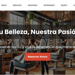 Może przedstawiać: Wnętrze salonu z napisem "Tu Belleza, Nuestra Pasión" i przyciskiem wezwania do działania z napisem "Reservar Ahora".