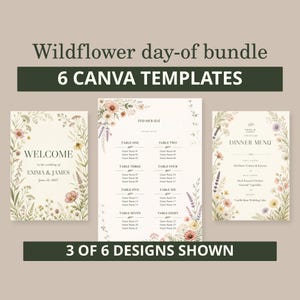 Wildflower Day-of Wedding Bundle, 6 Editable Canva Templates, Welcome Sign, Seating Chart and Stationery