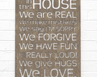 House Rules Carved Wood Wall Art Sign, Say Sorry Make Mistakes Be Real Forgive Others Laugh and Love, Large Wall Decor for Home Family Room