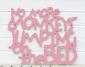 No More Monkeys Jumping on the Bed Carved Wood Wall Art, Kids Bedroom Sign, Cute Baby Nursery Sign, Animal Theme Nursery Kids Wooden Letters