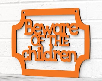 Beware of Children Funny Wood Caution Sign, Carved Wood Wall Art Front Door Decor Sign for Halloween, Baby Announcement Photo Prop Wood Sign