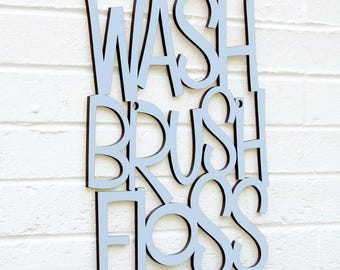 Wash Brush Floss Bathroom Wall Decor, Dental Art Wood Signs Sayings, Kids Bath Wall Decor Wooden Hanging Sign, Brush Your Teeth dentist art