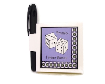 Bunco stickynote holder, purple,black, white with mini gel pen