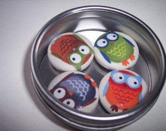 Owl fabric covered button magnets in window tin ,set of four
