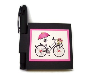 Sticky note holder Spring Bicycle ride with flower basket, birds and pink umbrella