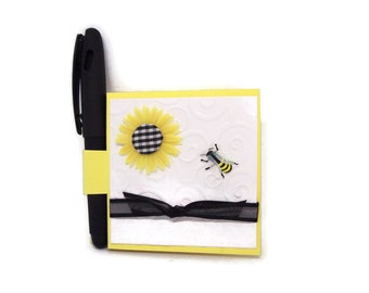 Yellow White and Black Sunflower and bee sticky note holder with gel pen