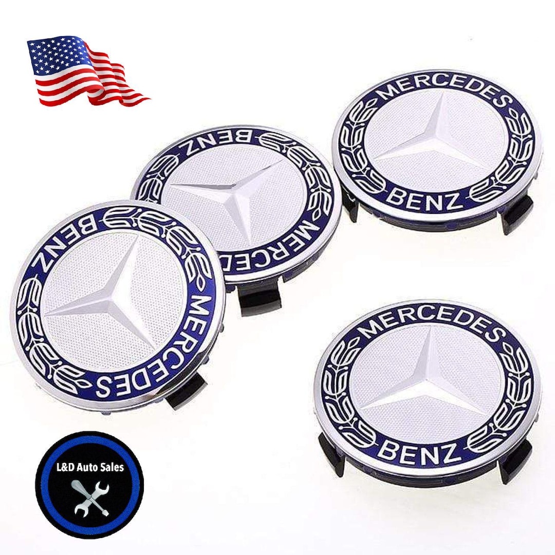 Set of 4 75MM Mercedes Wheel Center Caps - Blue Classic AMG Wreath Logo ...