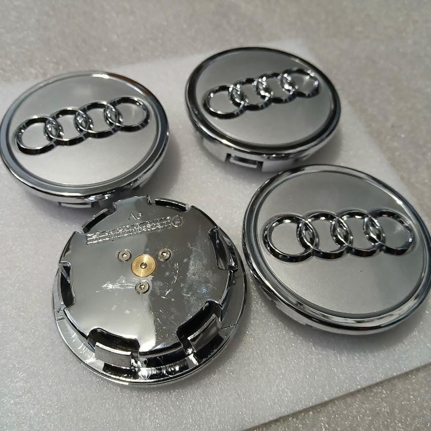Set of 4 69MM Audi LED Floating Wheel Center Caps Blue Grey Chrome