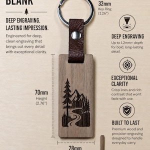 May include: A rectangular wooden keychain with a mountain and tree design, measuring 2.76 inches in height and 1.10 inches in width. It features a 1.26-inch key ring and a leather strap. The text "KEYCHAIN BLANK" is at the top.