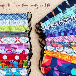 SET of 5: ReUsable Adjustable Face Mask Adults ~ Grab Bag ~ 2 Layer, Easy to Wear, Very Comfortable ~ Fun Patterns ~ Made in USA