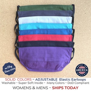 ReUsable ADJUSTABLE Face Mask for Adult ~ Solid Colors ~ 2 Layer, Easy to Wear, Very Comfortable ~ Ships DAILY ~ Made in USA