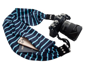 Navy Aqua Striped Pocket Scarf Camera Strap, USA Made