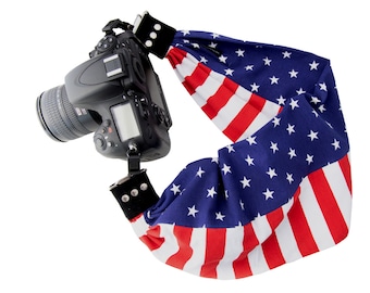 USA Flag Scarf Camera Strap with Hidden Pocket, Americana Knit