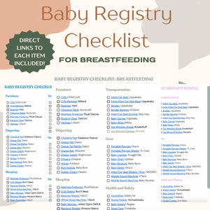 Könnte beinhalten: Eine Checkliste für Baby-Registerartikel für stillende Eltern. Die Checkliste ist in Kategorien unterteilt: Möbel, Windeln, Schlafen, Ausrüstung, Gesundheit und Sicherheit sowie Transport. Jede Kategorie enthält eine Liste von Artikeln mit Kontrollkästchen daneben. Die Checkliste ist in einem hellrosa und braunen Farbschema gehalten.