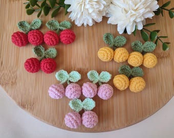 Mini Crochet Cherry Appliques, Crochet Cherry Patch, Cherry Motifs, Mini Red Cherries, Cotton Cherry Appliques, Crochet Berry, Fruit Patch